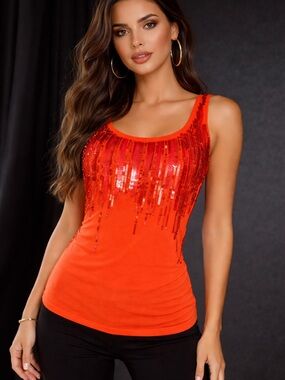 Express Orange Sequin Fringe Tank Top